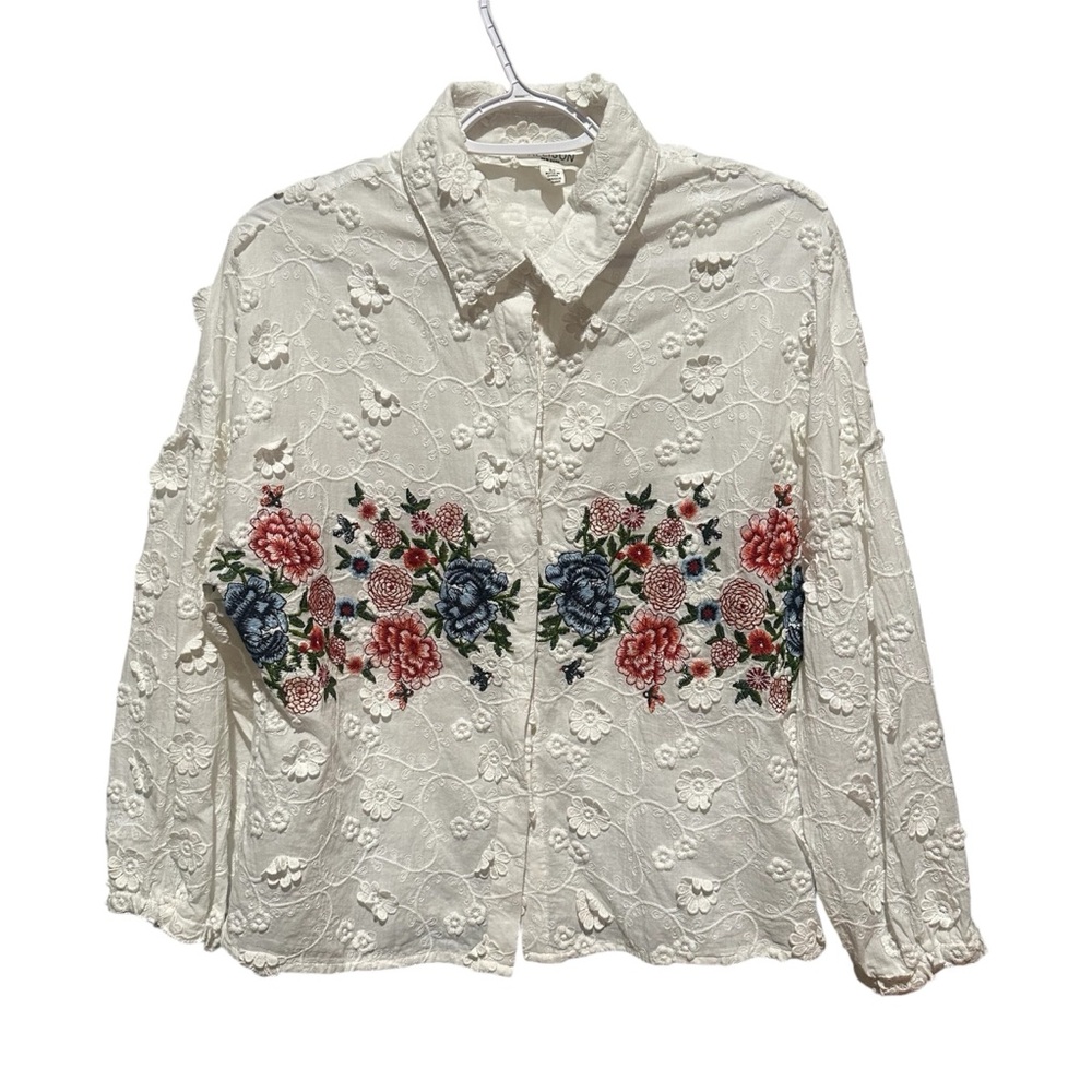 Alison New York Embroidered Button Down 3D Floral 100% Cotton S/P
